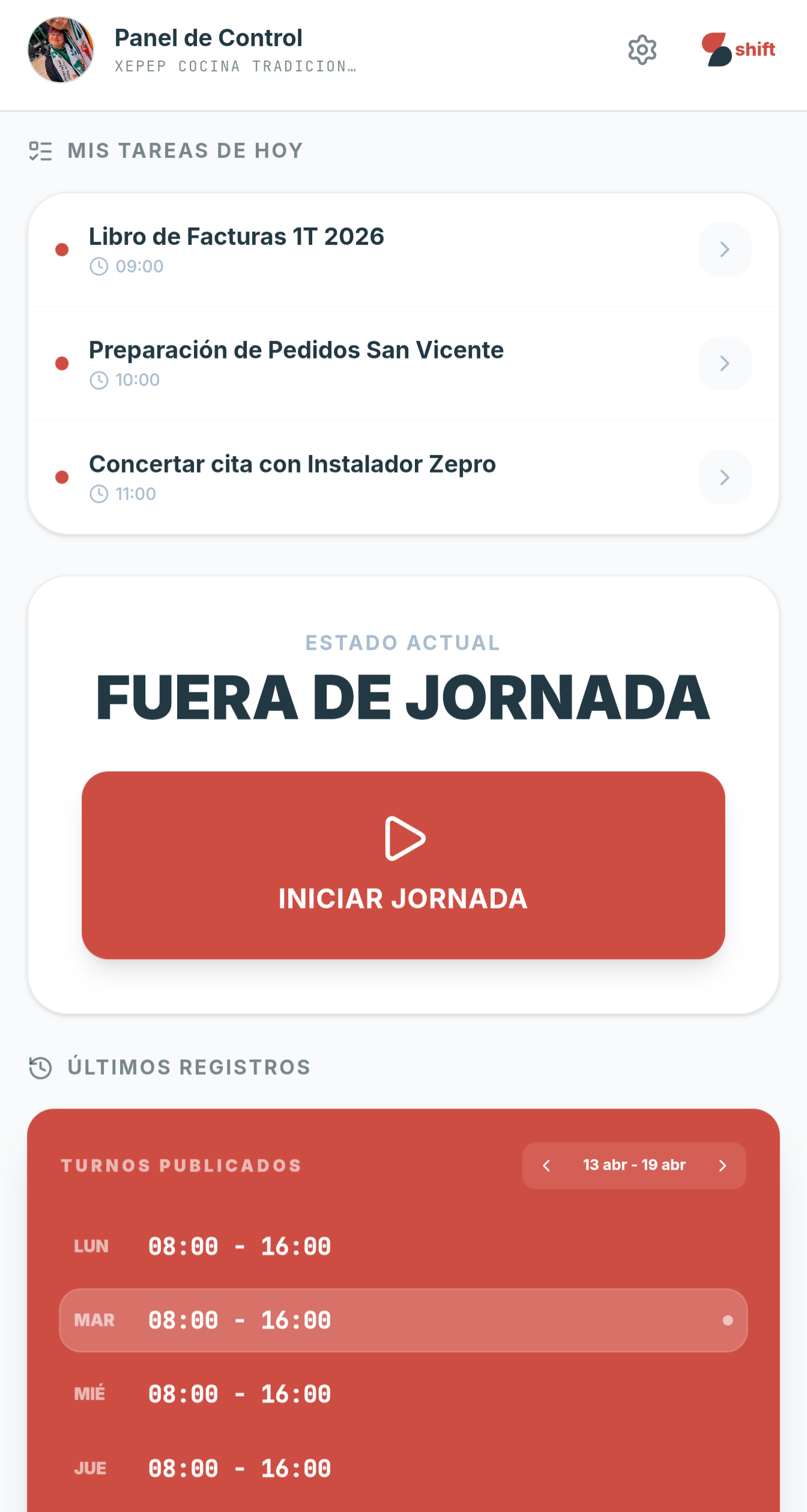 Vista de tareas del empleado en Paprika Shift