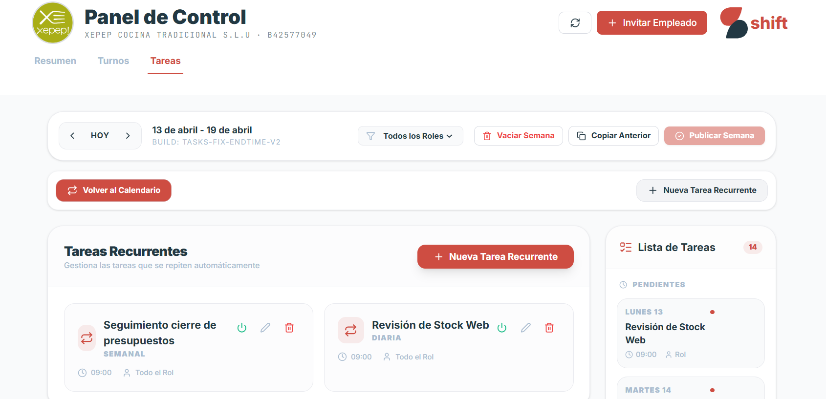 Tareas recurrentes en Paprika Shift